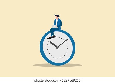 Businessman using gadget sitting on clock. concept working late night with deadline