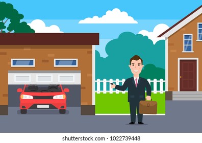 businessman using garage door remote control parking car