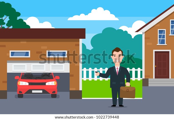 Businessman Using Garage Door Remote Control Stock Vector Royalty