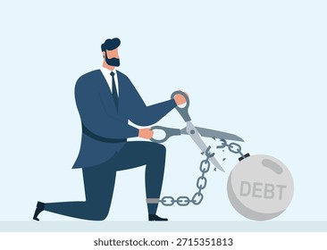 Businessman using giant scissors to break the chain of debt, representing financial liberation, payoff, and escaping money burden.