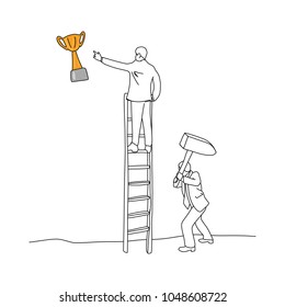 businessman using hammer to hit the ladder of his friend vector illustration sketch hand drawn with black lines isolated on white background