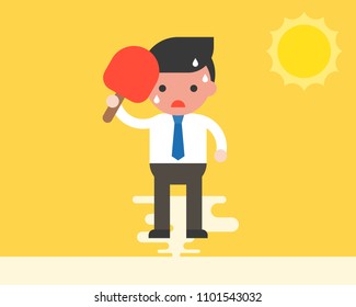 Businessman using handheld fan because very hot weather under sunlight, summer theme, flat design