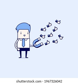 Businessman using huge magnet attract a lot of positive feedback. Cartoon character thin line style vector.