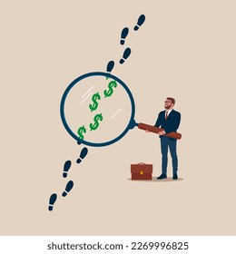 Businessman using huge magnifying glass analyze footprints track with dollar sign. Modern vector illustration in flat style