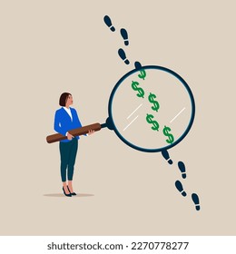 Businessman using huge magnifying glass analyze footprints track with dollar sign. Modern vector illustration in flat style