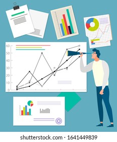 Businessman using instrument for data analysis vector, man looking in special tube, examining papers and documents. Pie diagram with segments flat style
