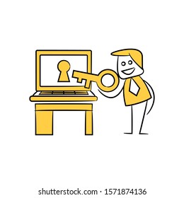 businessman using key access laptop log in yellow stick figure
