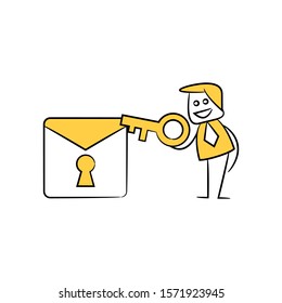 businessman using key to encrypt email yellow stick figure