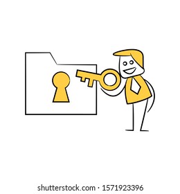 businessman using key to encrypt file yellow stick figure