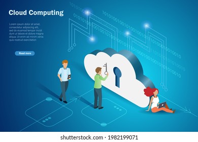 Businessman Using Key To Unlock Cloud Computing Service. Isometric Vector For Data Protection, Online Digital Cloud Storage, Exchanged On Smart Computer And Mobile Devices.