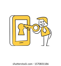businessman using key to unlock smart phone yellow stick figure