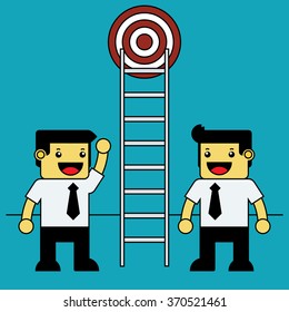 Businessman using ladder for getting target.