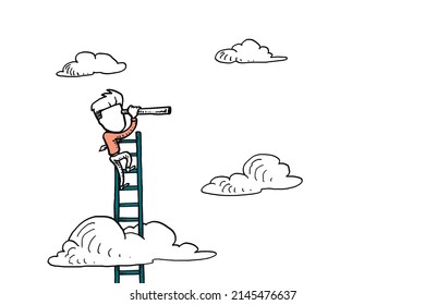 Businessman using ladder using telescope. Business vision mission concept. Caricature vector illustration design