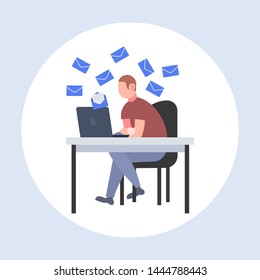 businessman using laptop for checking email letters online e-mail communication concept business man sitting at workplace desk flat full length