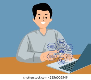 Businessman using a laptop computer. concept of new technology bigdata and business process strategy, internet of things, cloud computing