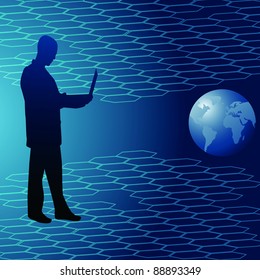 Businessman using a laptop computer to do data transfer. EPS10 vector