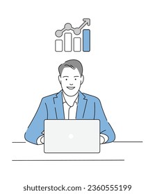 Geschäftsmann mit Laptop-Computer im Büro. Alles Gute für seine Geschäftsergebnisse oder seinen Gewinn, für den Erfolg von Unternehmern, für Kleinunternehmer, die online arbeiten. Vektorgrafik.