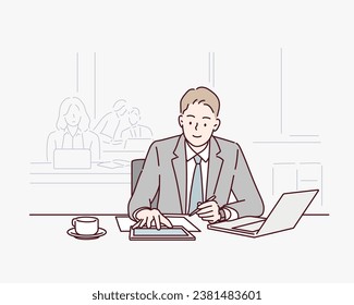 Businessman using laptop computer in office. Hand drawn style vector design illustrations.