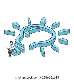 businessman using laptop computer on big blue isometric bulb hand drawn vector illustration.