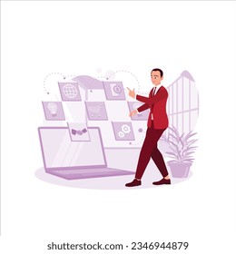 Empresario que utiliza ordenadores portátiles para empresas de conexión a internet global tecnología de aplicaciones y marketing digital, Trend Modern vector de ilustración plana