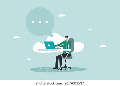 Businessman Using Laptop at a Desk Floating on a Cloud with a Chat Bubble