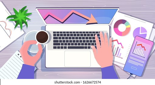 Businessman Using Laptop Downward Chart Economic Arrow Falling Down Financial Crisis Bankruptcy Investment Risk Concept Workplace Desk Top Angle View Horizontal Vector Illustration