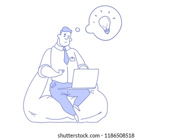 businessman using laptop generating creative ideas innovation concept business man inspiration light lamp startup sketch doodle horizontal vector illustration