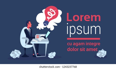 businessman using laptop generating creative innovation idea concept light lamp icon office desktop cartoon character flat horizontal full length copy space