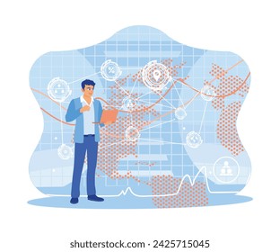 Businessman using a laptop with a global network link connection. Stand with digital marketing icons in the background. Concept of hi-tech and communication. trend flat vector modern illustration