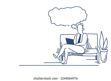 businessman using laptop idea chat bubble relaxing sofa business plan concept male silhouette sketch doodle horizontal