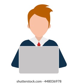 Businessman using a laptop isolated icon, vector illustration.