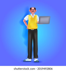 businessman using laptop male cartoon character with notebook social media network concept