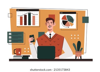 Businessman using laptop. Modern technology, businessman evaluates statistics of company. Income growth of organization, marketing research and analytics department. Cartoon flat vector illustration