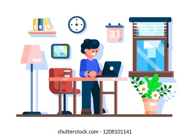 Businessman using laptop at office desk workplace. Freelancer working process. Workspace interior design. Flat. Vector illustration.