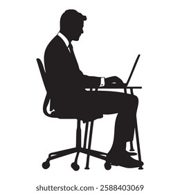 A businessman using a laptop in an office silhouette vector illustration