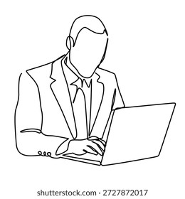 Businessman using laptop one line drawing. Businessman using laptop single line illustration. Businessman using laptop minimalist line art. Businessman using laptop vector art