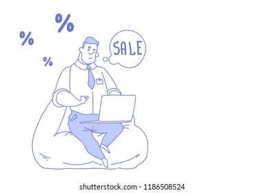 businessman using laptop online shopping sale concept business man chat bubble computer online application e-commerce sketch doodle horizontal vector illustration