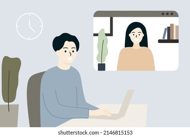Empresario usando videoconferencia remota portátil en casa con colega. Hombre en el escritorio conversando con sus amigos en línea. Reunión de negocios, trabajo a distancia, concepto de educación. Ilustración vectorial plana.