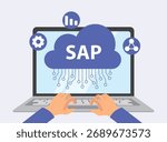Businessman using laptop with SAP cloud icon, business process automation, enterprise resource planning, ERP software, management system, workflow optimization