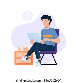businessman using laptop sitting in the chair, Young man is sitting with laptop at home, vector illustration - Shutterstock ID 1863582664