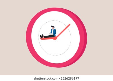 Businessman using laptop sitting on clock. concept working late night with deadline on work