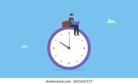 Businessman using laptop sitting on clock working at night with colleague in other country. Symbolizes after hours worker or freelancer, working late overtime or career that work in different time.