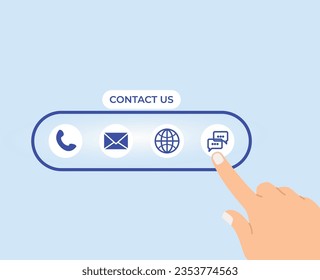 Businessman using a laptop and touching on virtual screen contact icons consists of telephone, email, address, live chat, internet. Contact us or Customer care support hotline people connect