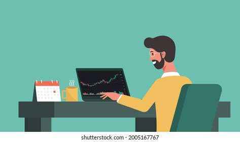 businessman using laptop trading cryptocurrency, forex, stock with financial chart to buy and sell for exchange market concept, flat vector illustration
