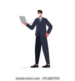 businessman using laptop wearing mask to prevent coronavirus pandemic covid-19 quarantine concept full length isolated vector illustration