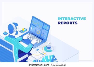 Businessman using laptop at work.Audit making Database Financial Planning Report In the Office.Checking Accounting and Taxes.Vector isometric illustration