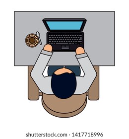 businessman using laptop in the workplace airview