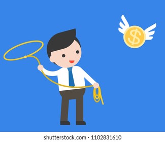 Businessman using lasso noose catching flying gold coin, flat design concept