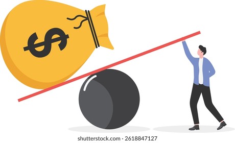 Businessman using a lever to pry up a huge piggy bank, business concept illustration

