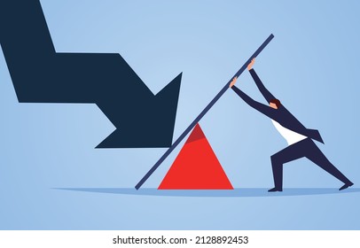 Businessman using a lever to try to change the direction of a falling arrow, lever economy, business concept illustration